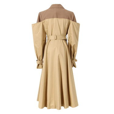 Neutral Color Knot Collar Trench Coat Women Mid Length Knee Autumn Design Waist Trimming Coat - Modestly Vogue